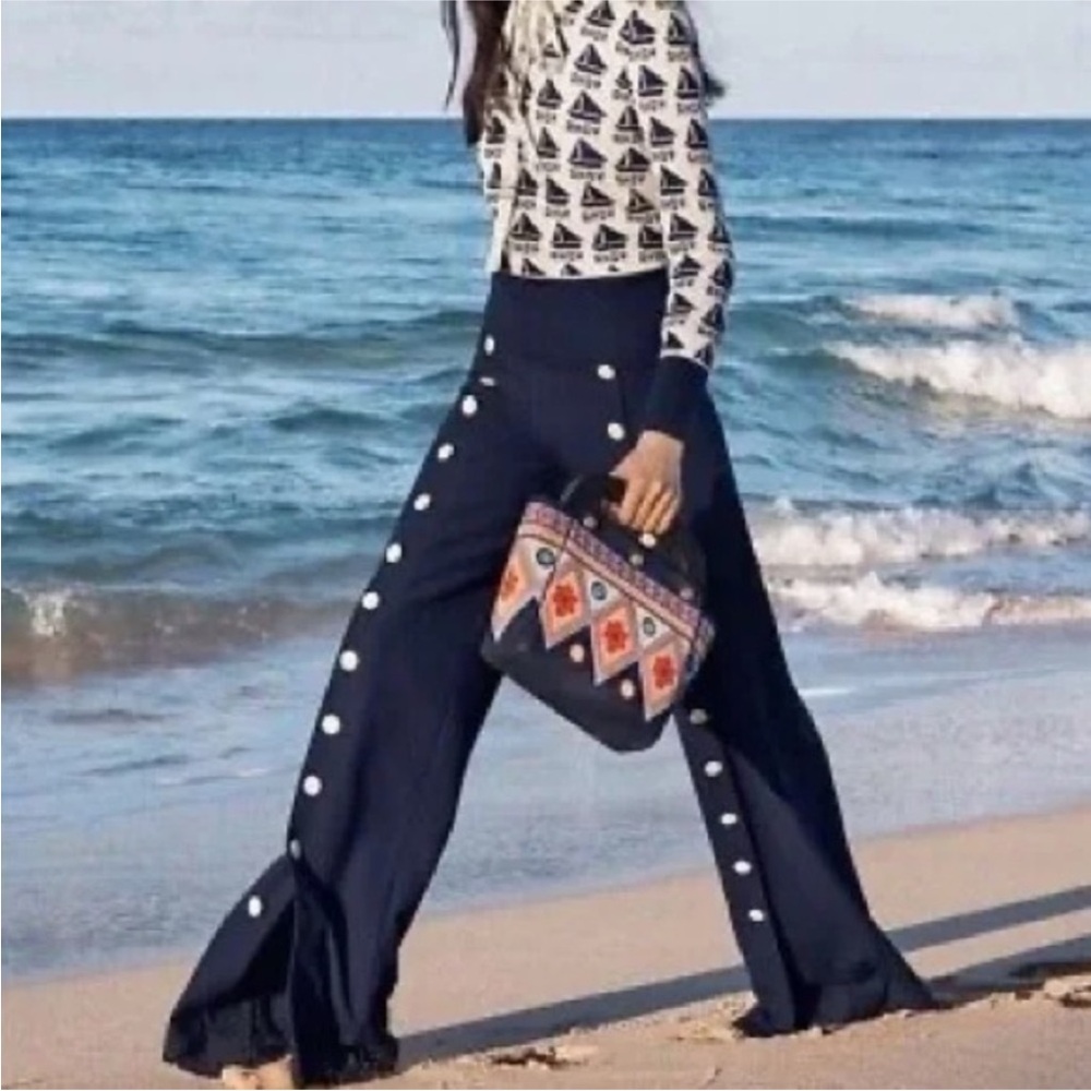 Tory Burch "Carrie" Dark Blue Wide-Leg Pants with Button Accents SZ 12 NWT - Picture 2 of 15